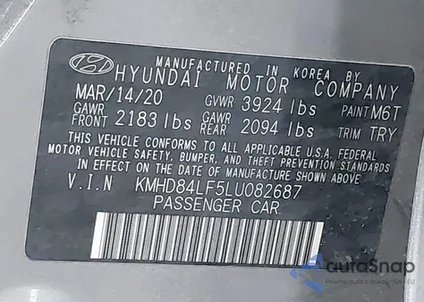 2020 Hyundai Elantra Value Edition z USA, uszkodzony, nr VIN KMHD84LF5LU082687